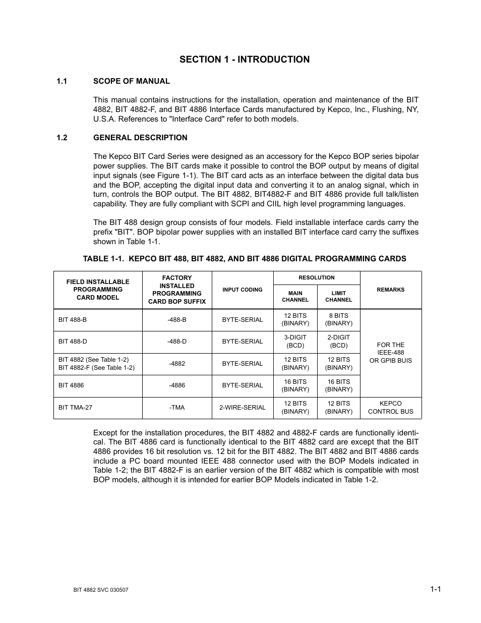 Section 1 - introduction, 1 scope of manual, 2 general description | Scope of manual -1, General description -1 | KEPCO BIT 4882F User Manual | Page 11 / 56