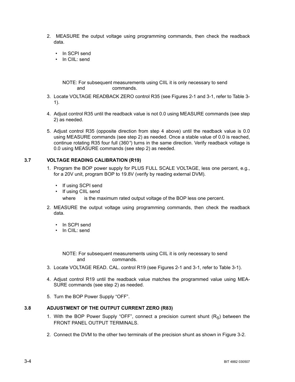 7 voltage reading calibration (r19), 8 adjustment of the output current zero (r83), Voltage reading calibration (r19) -4 | Adjustment of the output current zero (r83) -4 | KEPCO BIT 4882F User Manual | Page 24 / 56