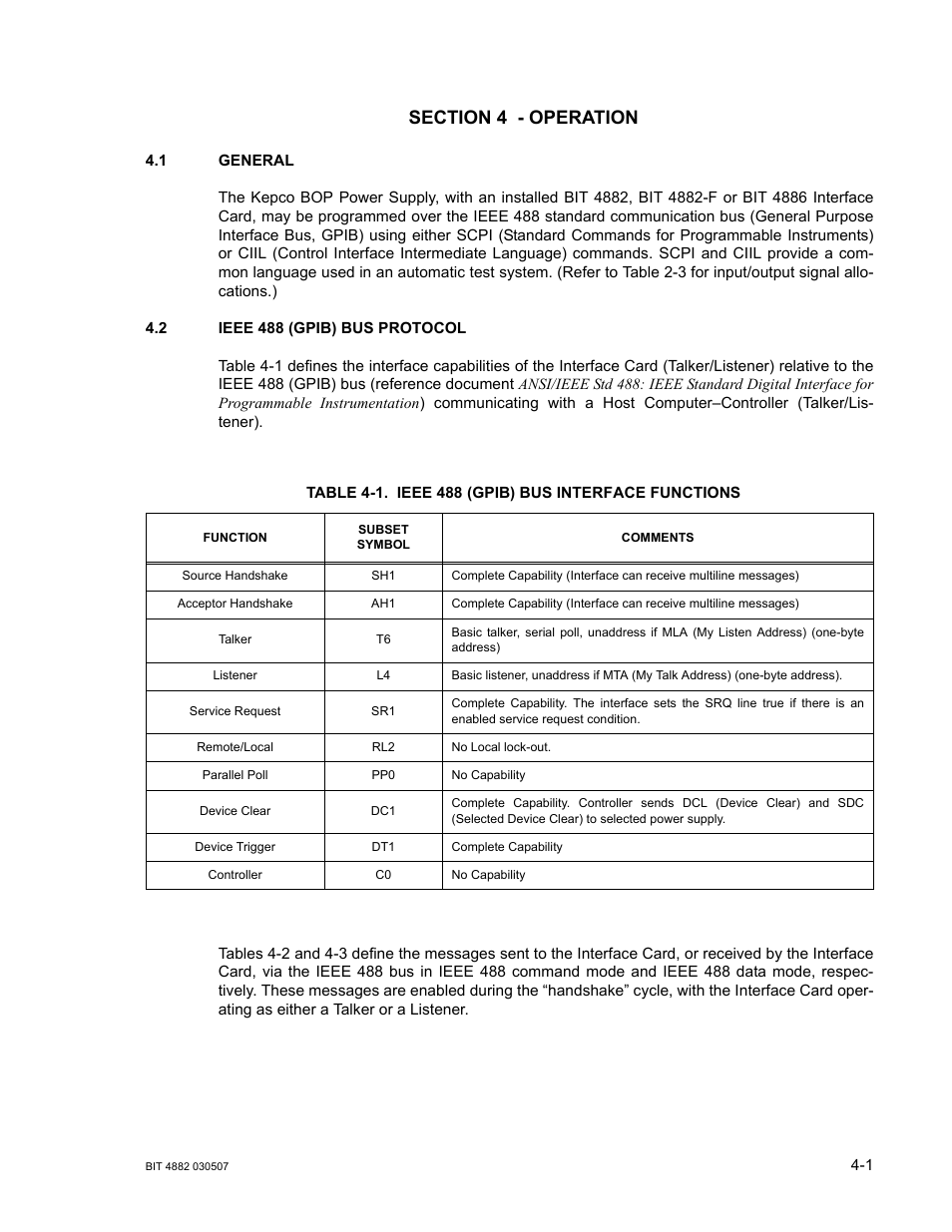 Section 4 - operation, 1 general, 2 ieee 488 (gpib) bus protocol | Table 4-1. ieee 488 (gpib) bus interface functions, General -1, Ieee 488 (gpib) bus protocol -1, Ieee 488 (gpib) bus interface functions -1 | KEPCO BIT 4882F User Manual | Page 29 / 56