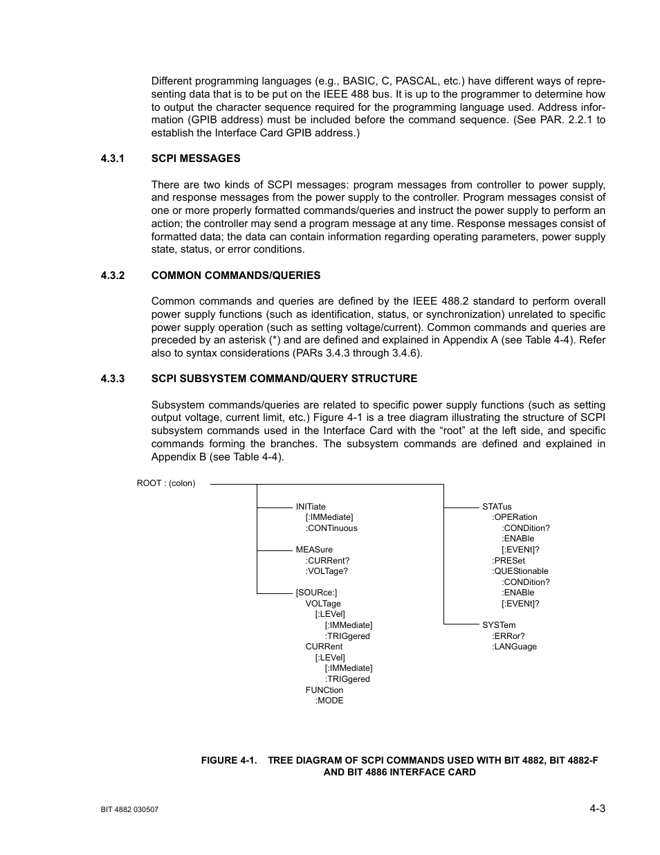 1 scpi messages, 2 common commands/queries, 3 scpi subsystem command/query structure | Scpi messages -3, Common commands/queries -3, Scpi subsystem command/query structure -3 | KEPCO BIT 4882F User Manual | Page 31 / 56