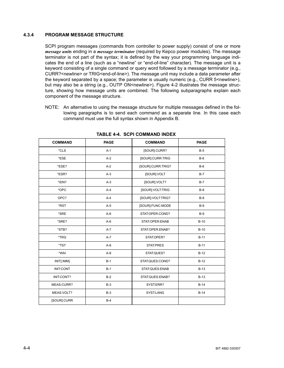 4 program message structure, Table 4-4. scpi command index, Program message structure -4 | Scpi command index -4 | KEPCO BIT 4882F User Manual | Page 32 / 56
