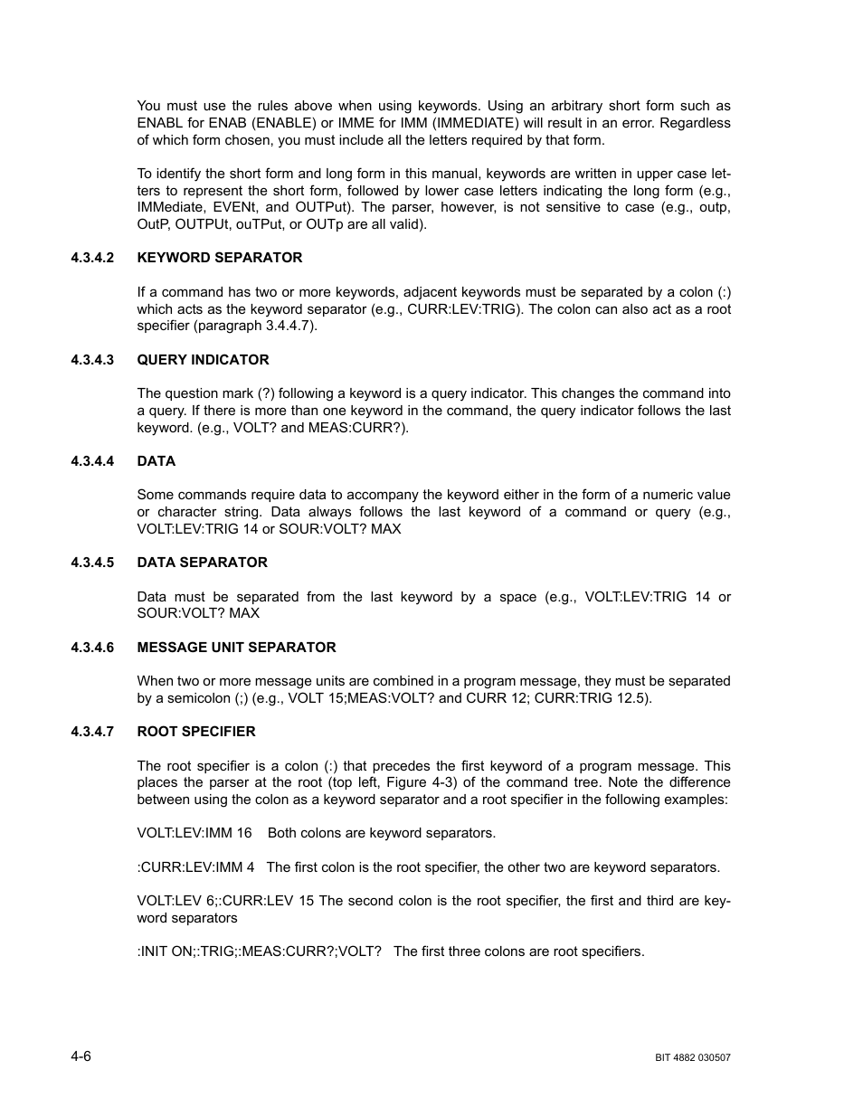 2 keyword separator, 3 query indicator, 4 data | 5 data separator, 6 message unit separator, 7 root specifier, Keyword separator -6, Query indicator -6, Data -6, Data separator -6 | KEPCO BIT 4882F User Manual | Page 34 / 56