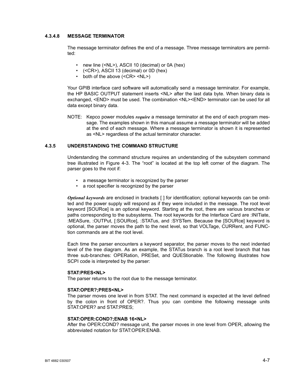 8 message terminator, 5 understanding the command structure, Message terminator -7 | Understanding the command structure -7 | KEPCO BIT 4882F User Manual | Page 35 / 56