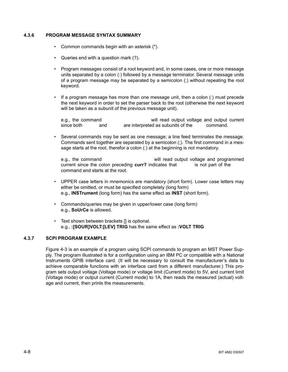 6 program message syntax summary, 7 scpi program example, Program message syntax summary -8 | Scpi program example -8 | KEPCO BIT 4882F User Manual | Page 36 / 56