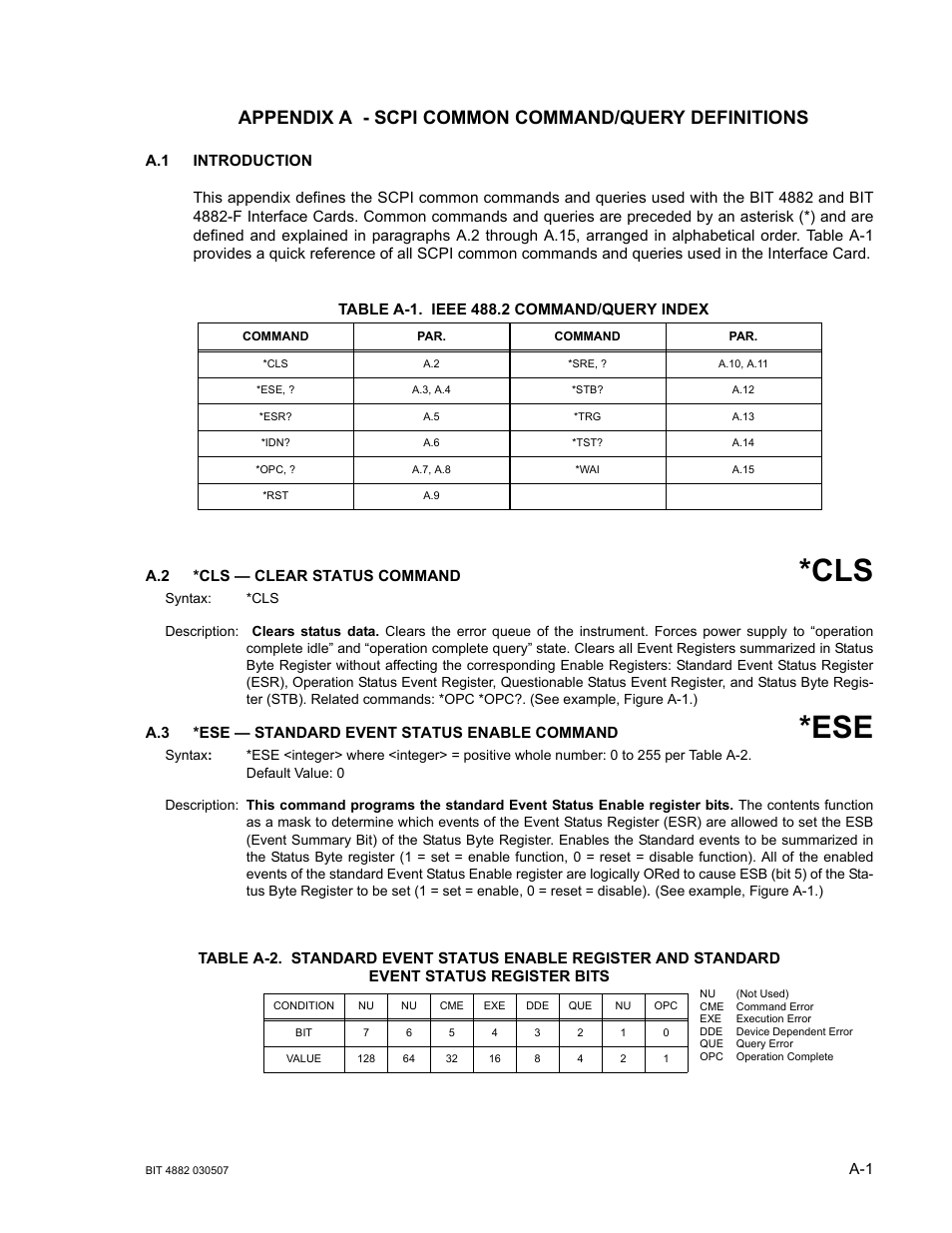 Appendix a - scpi common command/query definitions, Table a-1. ieee 488.2 command/query index, A.2 *cls — clear status command | A.3 *ese — standard event status enable command | KEPCO BIT 4882F User Manual | Page 39 / 56