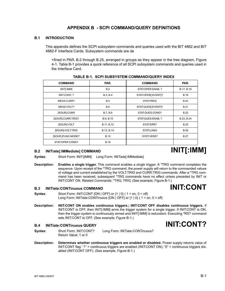 Appendix b - scpi command/query definitions, B.1 introduction, Table b-1. scpi subsystem command/query index | B.2 initiate[:immediate] command, B.3 initiate:continuous command, B.4 initiate:continuous query, Init[:imm, Init:cont | KEPCO BIT 4882F User Manual | Page 43 / 56