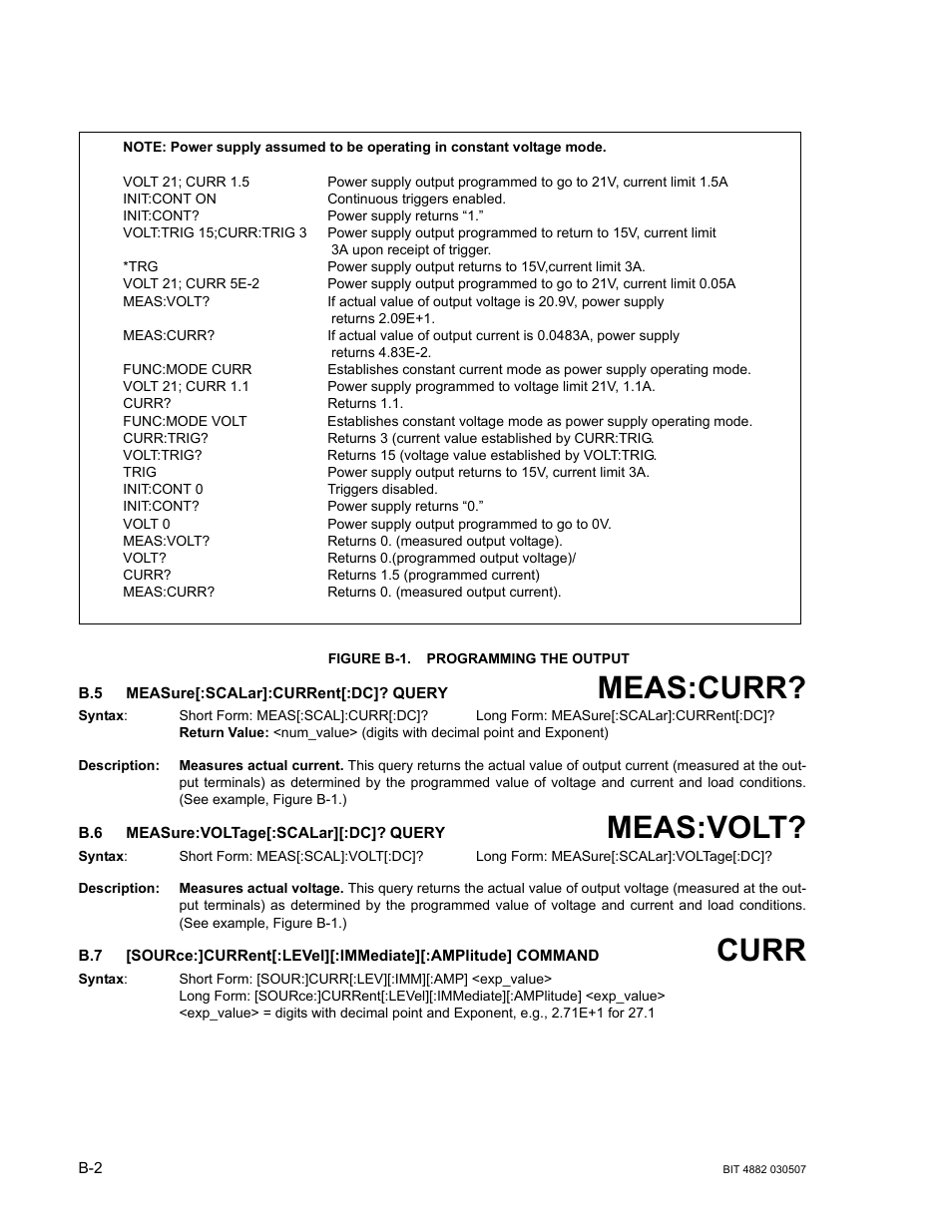 Figure b-1. programming the output, B.5 measure[:scalar]:current[:dc]? query, B.6 measure:voltage[:scalar][:dc]? query | B-1.), Re b-1, Gure b-1.), Meas:curr, Meas:volt, Curr | KEPCO BIT 4882F User Manual | Page 44 / 56