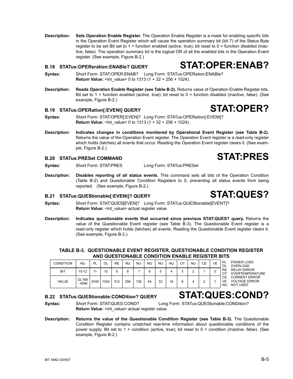 B.18 status:opereration:enable? query, B.19 status:operation[:event] query, B.20 status:preset command | B.21 status:questionable[:event]? query, B.22 status:questionable:condition? query, B.18, B.19, B.20, B.21, B.22 | KEPCO BIT 4882F User Manual | Page 47 / 56