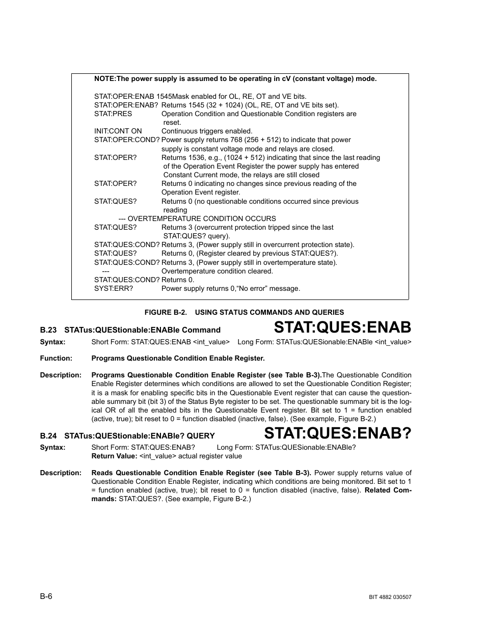 Figure b-2. using status commands and queries, B.23 status:questionable:enable command, B.24 status:questionable:enable? query | B.23, B.24, B.23, b.24, B-2.), Stat:ques:enab | KEPCO BIT 4882F User Manual | Page 48 / 56
