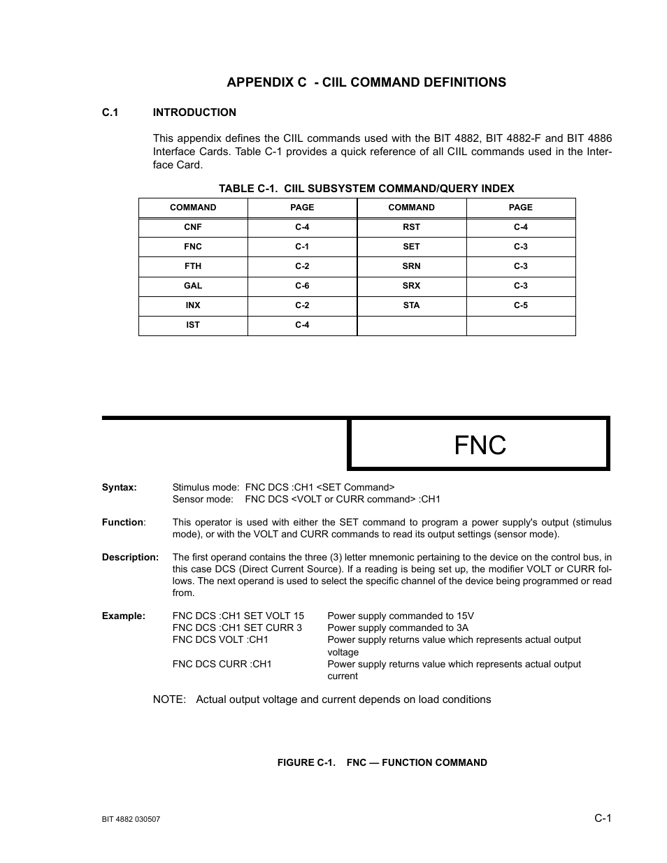 Appendix c - ciil command definitions, Table c-1. ciil subsystem command/query index, Figure c-1. fnc — function command | KEPCO BIT 4882F User Manual | Page 51 / 56