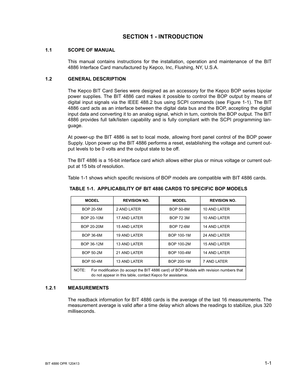 Section 1 - introduction, 1 scope of manual, 2 general description | 1 measurements, Scope of manual -1, General description -1, Measurements -1 | KEPCO BIT 4886 Operator Manual User Manual | Page 11 / 92