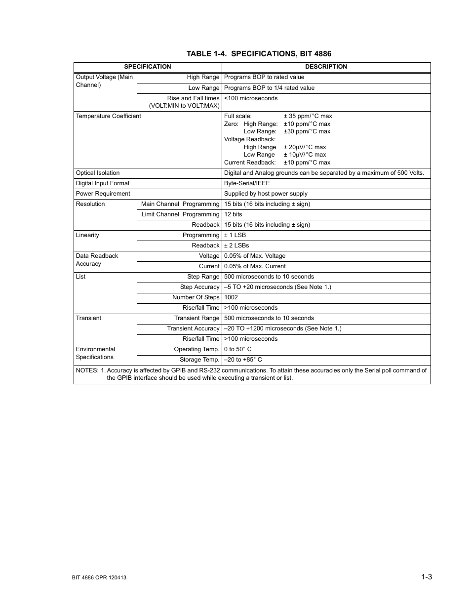 Table 1-4. specifications, bit 4886, 4 lis | KEPCO BIT 4886 Operator Manual User Manual | Page 13 / 92