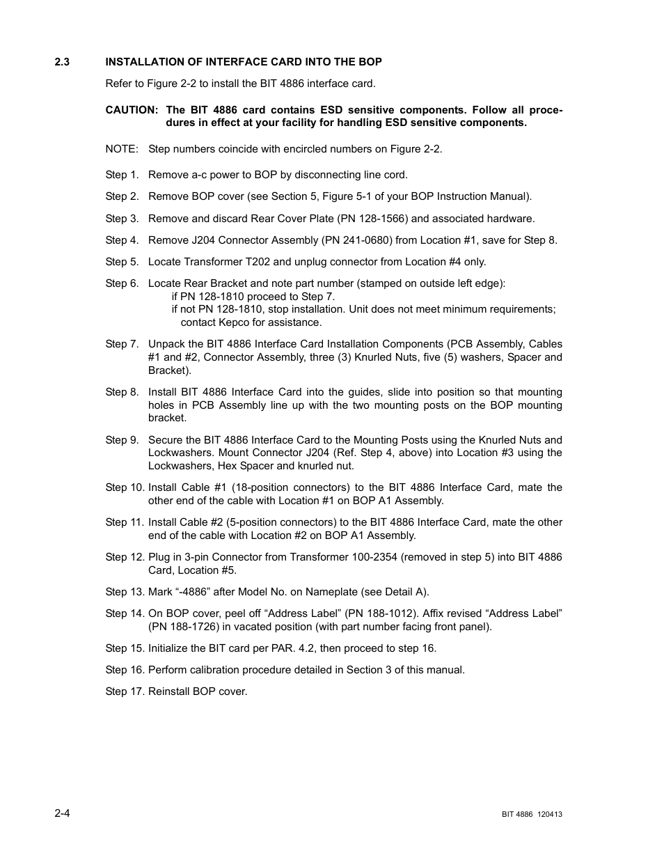 3 installation of interface card into the bop, Installation of interface card into the bop -4 | KEPCO BIT 4886 Operator Manual User Manual | Page 18 / 92