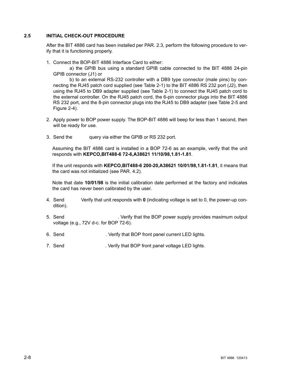 5 initial check-out procedure, Initial check-out procedure -8 | KEPCO BIT 4886 Operator Manual User Manual | Page 22 / 92