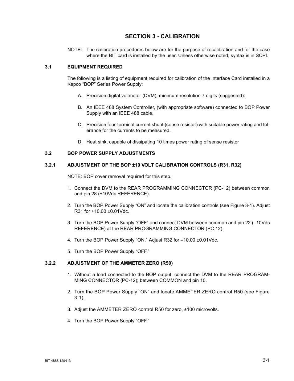 Section 3 - calibration, 1 equipment required, 2 bop power supply adjustments | 2 adjustment of the ammeter zero (r50), Equipment required -1, Bop power supply adjustments -1, Adjustment of the ammeter zero (r50) -1 | KEPCO BIT 4886 Operator Manual User Manual | Page 23 / 92