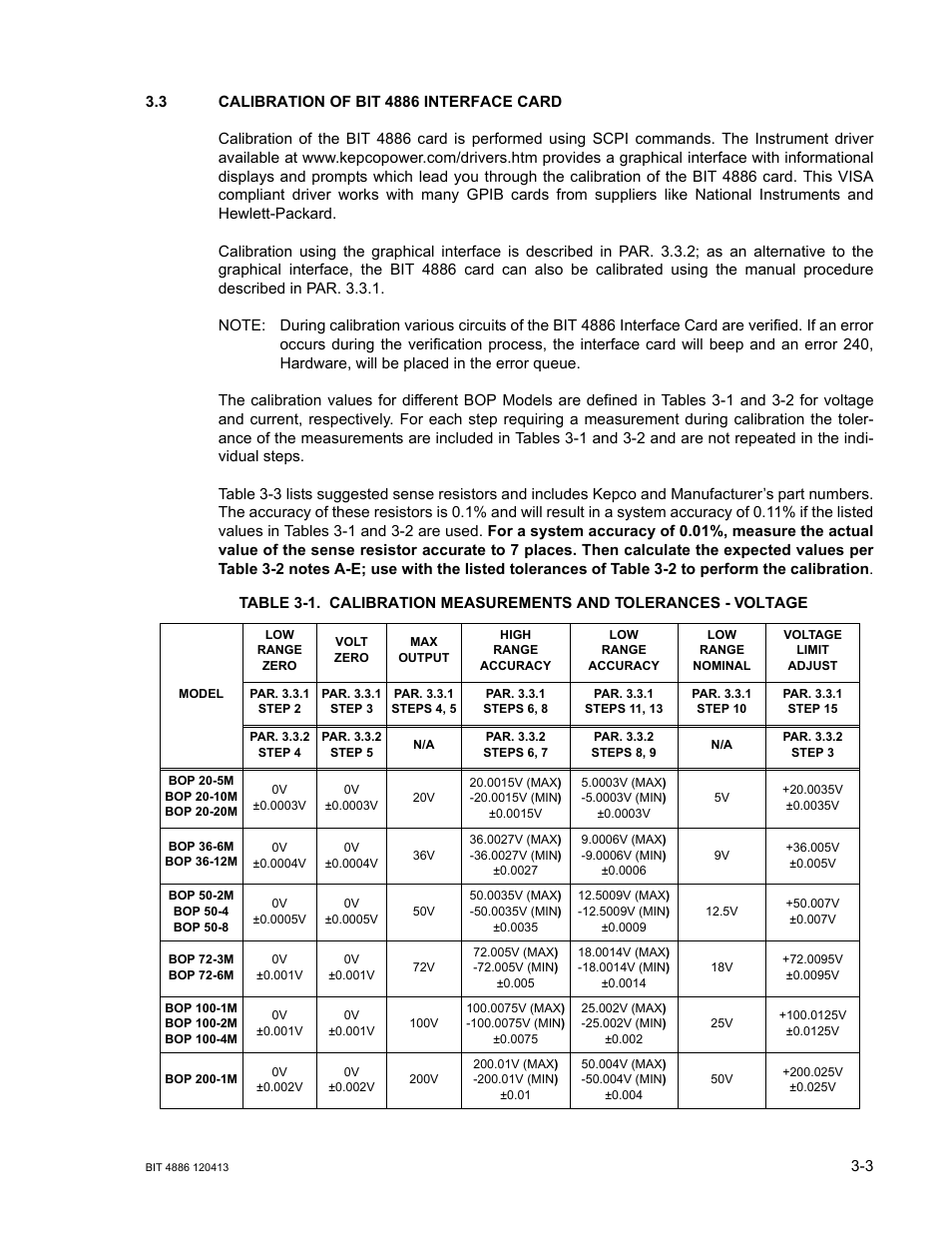 3 calibration of bit 4886 interface card, Calibration of bit 4886 interface card -3 | KEPCO BIT 4886 Operator Manual User Manual | Page 25 / 92