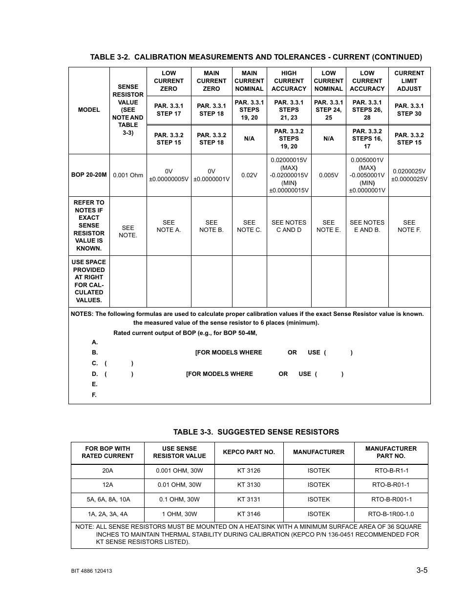 Table 3-3. suggested sense resistors, Suggested sense resistors -5, E 3-3 list | KEPCO BIT 4886 Operator Manual User Manual | Page 27 / 92