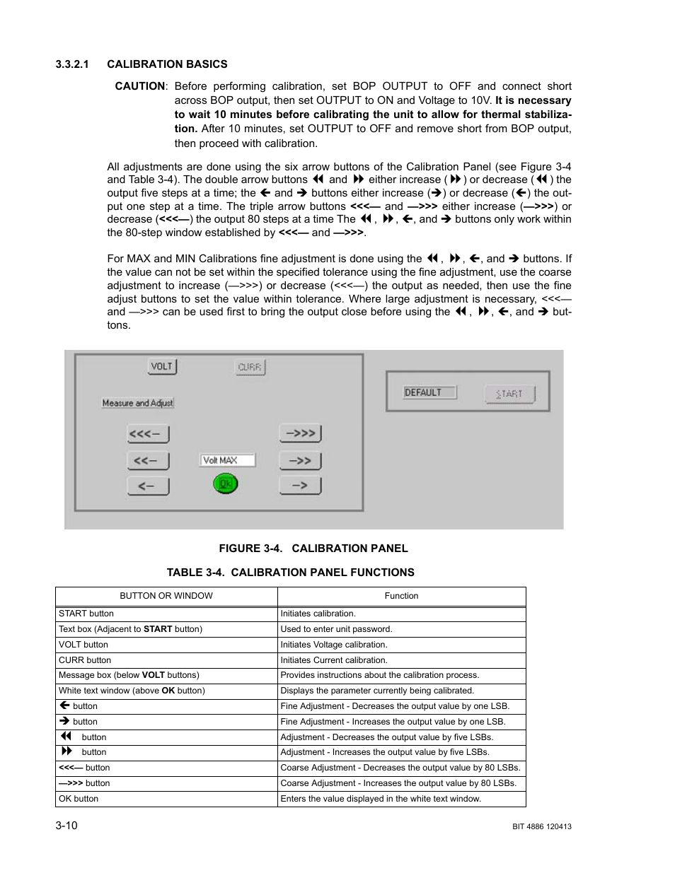 1 calibration basics, Figure 3-4. calibration panel, Table 3-4. calibration panel functions | Calibration basics -10, Calibration panel -10, Calibration panel functions -10 | KEPCO BIT 4886 Operator Manual User Manual | Page 32 / 92