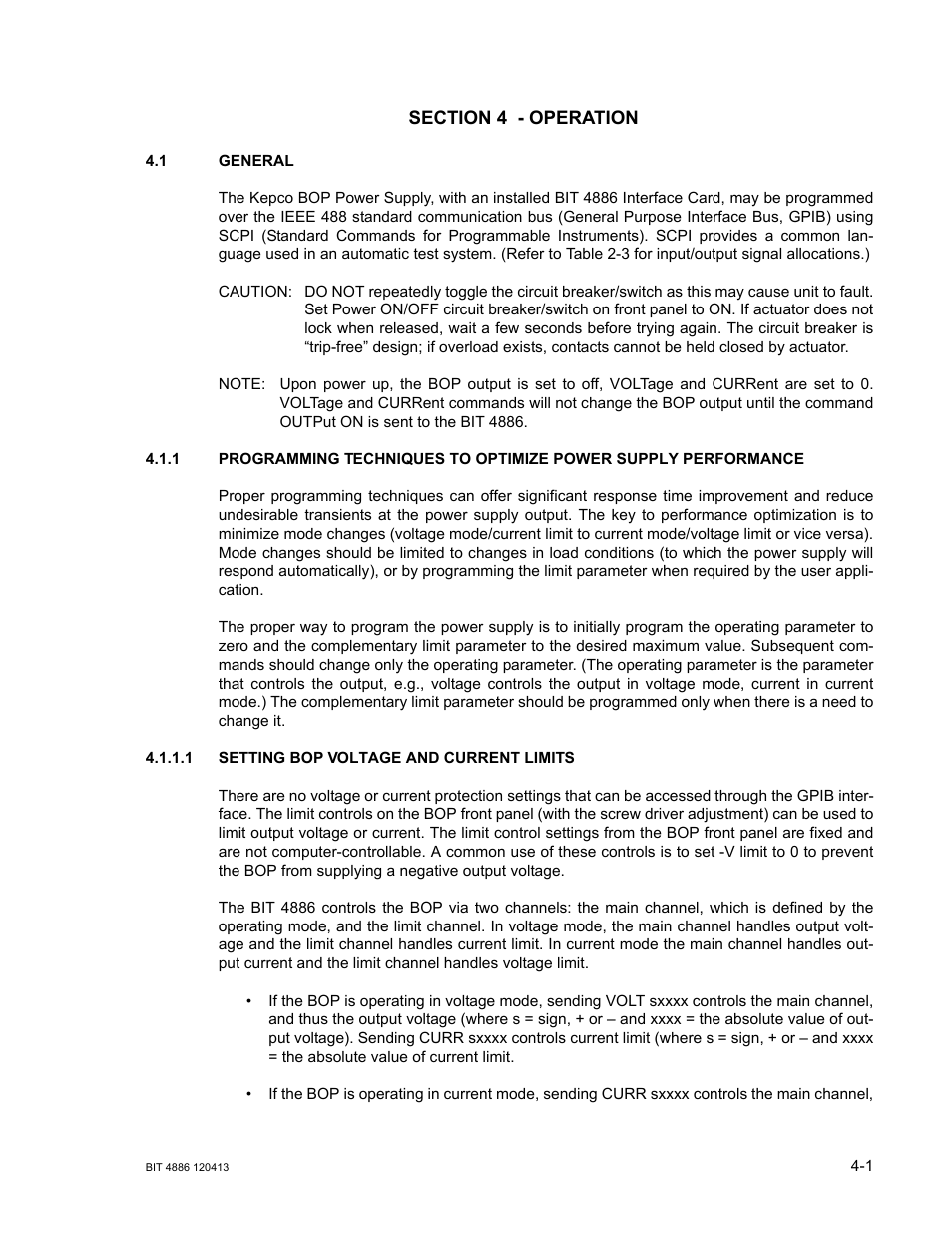 Section 4 - operation, 1 general, 1 setting bop voltage and current limits | General -1, Setting bop voltage and current limits -1 | KEPCO BIT 4886 Operator Manual User Manual | Page 35 / 92