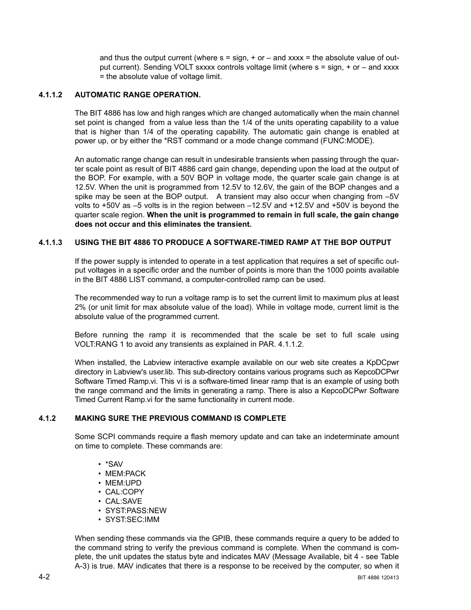 2 automatic range operation, 2 making sure the previous command is complete, Automatic range operation -2 | Making sure the previous command is complete -2, R. 4.1.2 | KEPCO BIT 4886 Operator Manual User Manual | Page 36 / 92