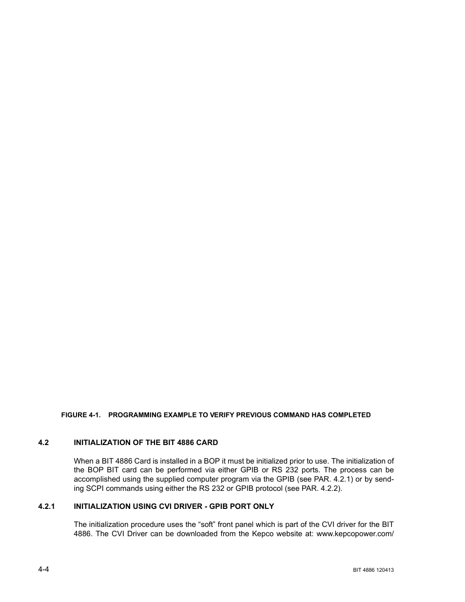 2 initialization of the bit 4886 card, 1 initialization using cvi driver - gpib port only, Initialization of the bit 4886 card -4 | R. 4.2 | KEPCO BIT 4886 Operator Manual User Manual | Page 38 / 92