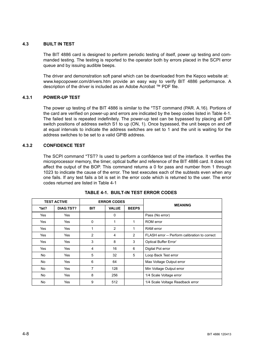 3 built in test, 1 power-up test, 2 confidence test | Table 4-1. built-in test error codes, Built in test -8, Power-up test -8, Confidence test -8, Built-in test error codes -8 | KEPCO BIT 4886 Operator Manual User Manual | Page 42 / 92