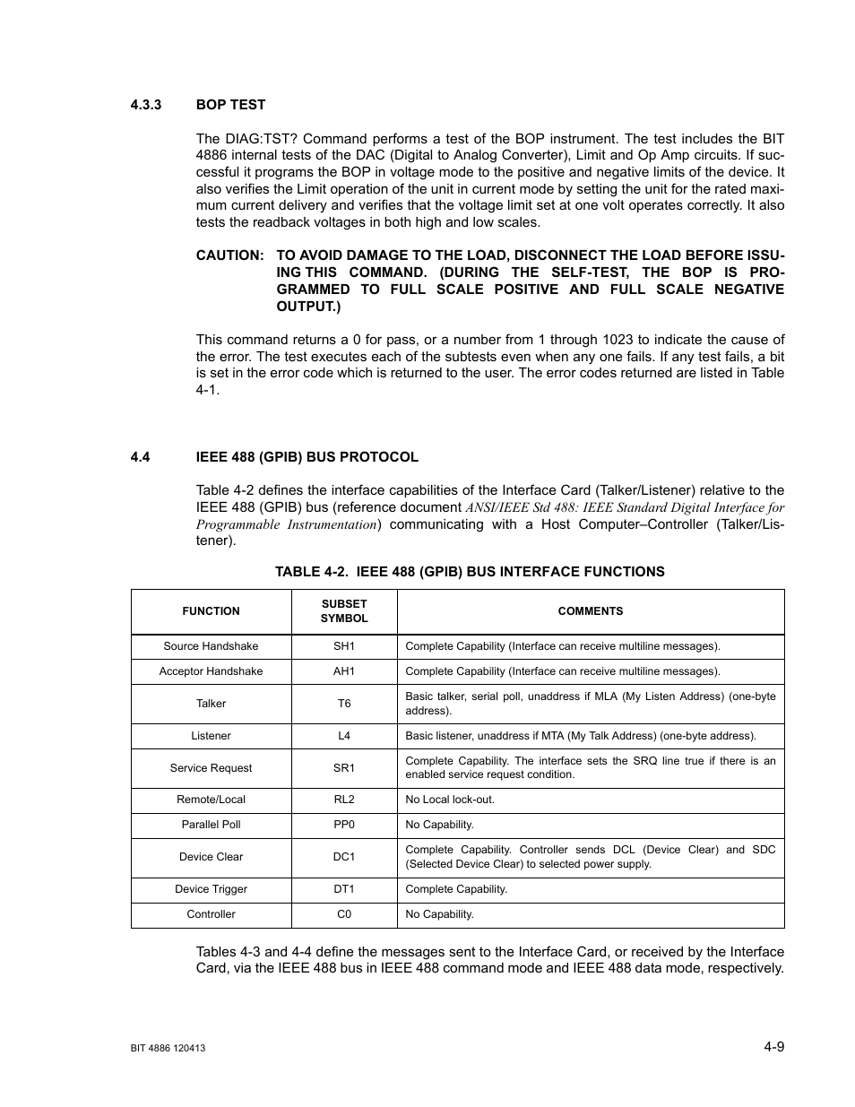 3 bop test, 4 ieee 488 (gpib) bus protocol, Table 4-2. ieee 488 (gpib) bus interface functions | Bop test -9, Ieee 488 (gpib) bus protocol -9, Ieee 488 (gpib) bus interface functions -9 | KEPCO BIT 4886 Operator Manual User Manual | Page 43 / 92