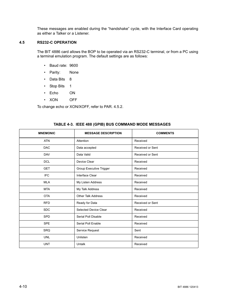 5 rs232-c operation, Rs232-c operation -10, Ieee 488 (gpib) bus command mode messages -10 | KEPCO BIT 4886 Operator Manual User Manual | Page 44 / 92