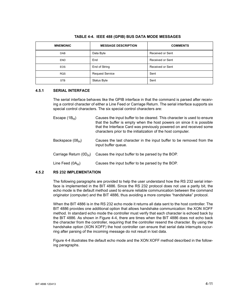 Table 4-4. ieee 488 (gpib) bus data mode messages, 1 serial interface, 2 rs 232 implementation | Serial interface -11, Rs 232 implementation -11, Ieee 488 (gpib) bus data mode messages -11, 4 de | KEPCO BIT 4886 Operator Manual User Manual | Page 45 / 92