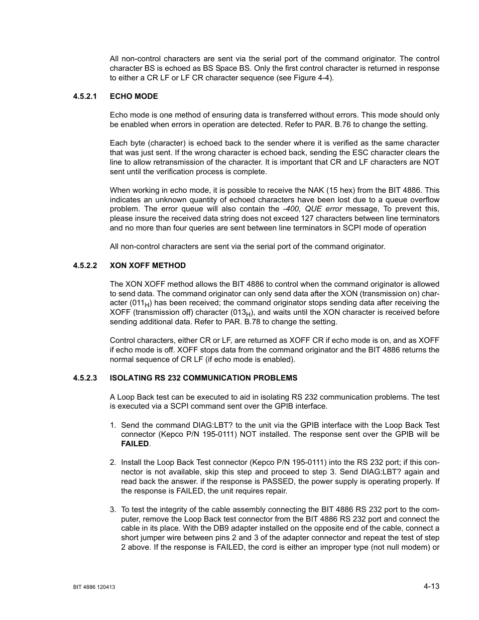 1 echo mode, 2 xon xoff method, 3 isolating rs 232 communication problems | Echo mode -13, Xon xoff method -13, Isolating rs 232 communication problems -13 | KEPCO BIT 4886 Operator Manual User Manual | Page 47 / 92