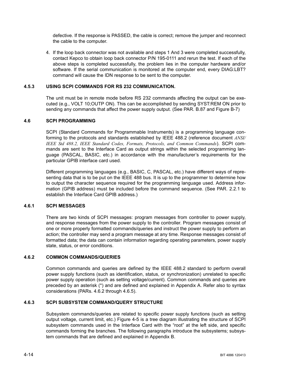 3 using scpi commands for rs 232 communication, 6 scpi programming, 1 scpi messages | 2 common commands/queries, 3 scpi subsystem command/query structure, Using scpi commands for rs 232 communication -14, Scpi programming -14, Scpi messages -14, Common commands/queries -14, Scpi subsystem command/query structure -14 | KEPCO BIT 4886 Operator Manual User Manual | Page 48 / 92