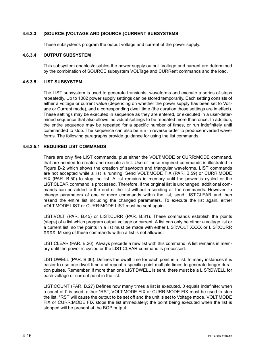 3 [source:]voltage and [source:]current subsystems, 4 output subsystem, 5 list subsystem | 1 required list commands, Output subsystem -16, List subsystem -16, Required list commands -16 | KEPCO BIT 4886 Operator Manual User Manual | Page 50 / 92