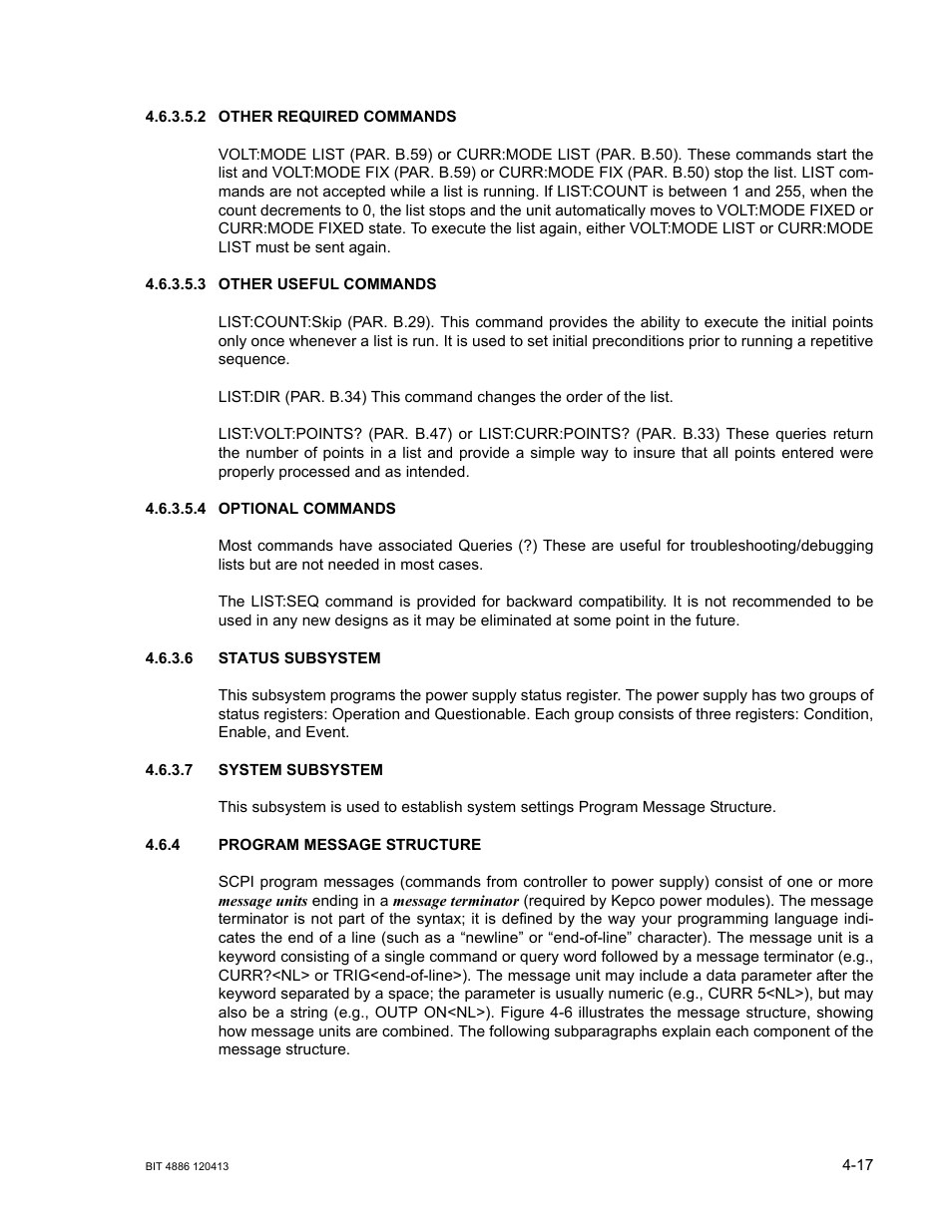 2 other required commands, 3 other useful commands, 4 optional commands | 6 status subsystem, 7 system subsystem, 4 program message structure, Other required commands -17, Other useful commands -17, Optional commands -17, Status subsystem -17 | KEPCO BIT 4886 Operator Manual User Manual | Page 51 / 92