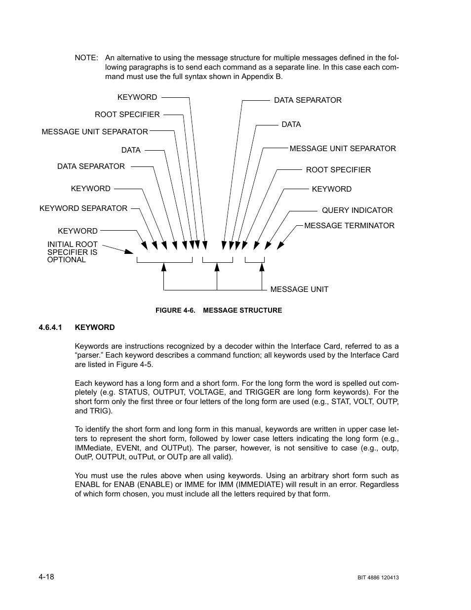 Figure 4-6. message structure, 1 keyword, Keyword -18 | Message structure -18 | KEPCO BIT 4886 Operator Manual User Manual | Page 52 / 92