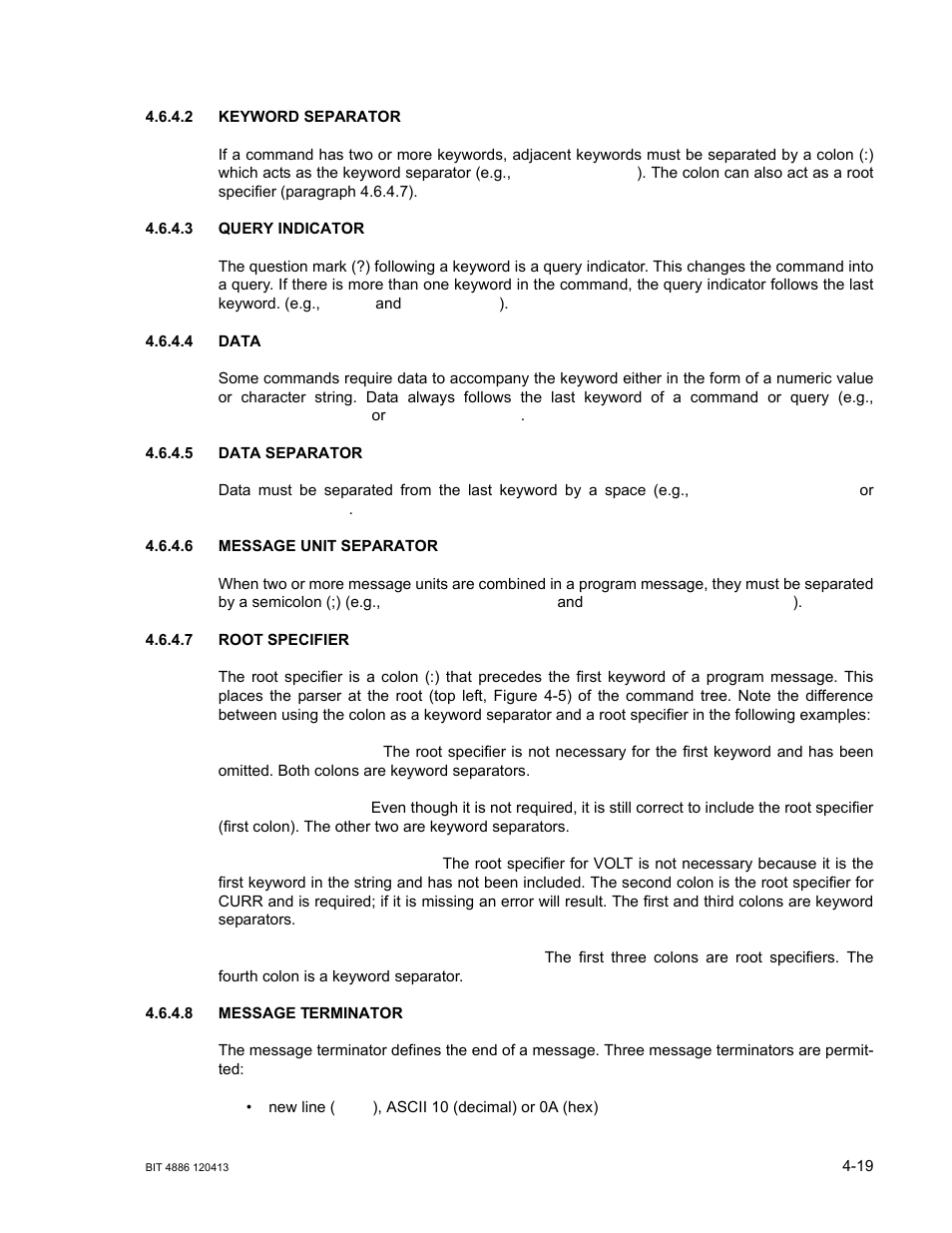 2 keyword separator, 3 query indicator, 4 data | 5 data separator, 6 message unit separator, 7 root specifier, 8 message terminator, Keyword separator -19, Query indicator -19, Data -19 | KEPCO BIT 4886 Operator Manual User Manual | Page 53 / 92