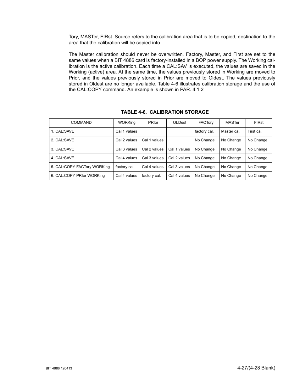 Table 4-6. calibration storage, Calibration storage -27 | KEPCO BIT 4886 Operator Manual User Manual | Page 61 / 92