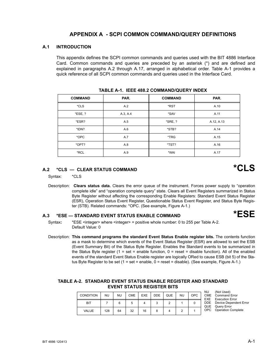 Appendix a - scpi common command/query definitions, Table a-1. ieee 488.2 command/query index, A.2 *cls — clear status command | A.3 *ese — standard event status enable command | KEPCO BIT 4886 Operator Manual User Manual | Page 63 / 92