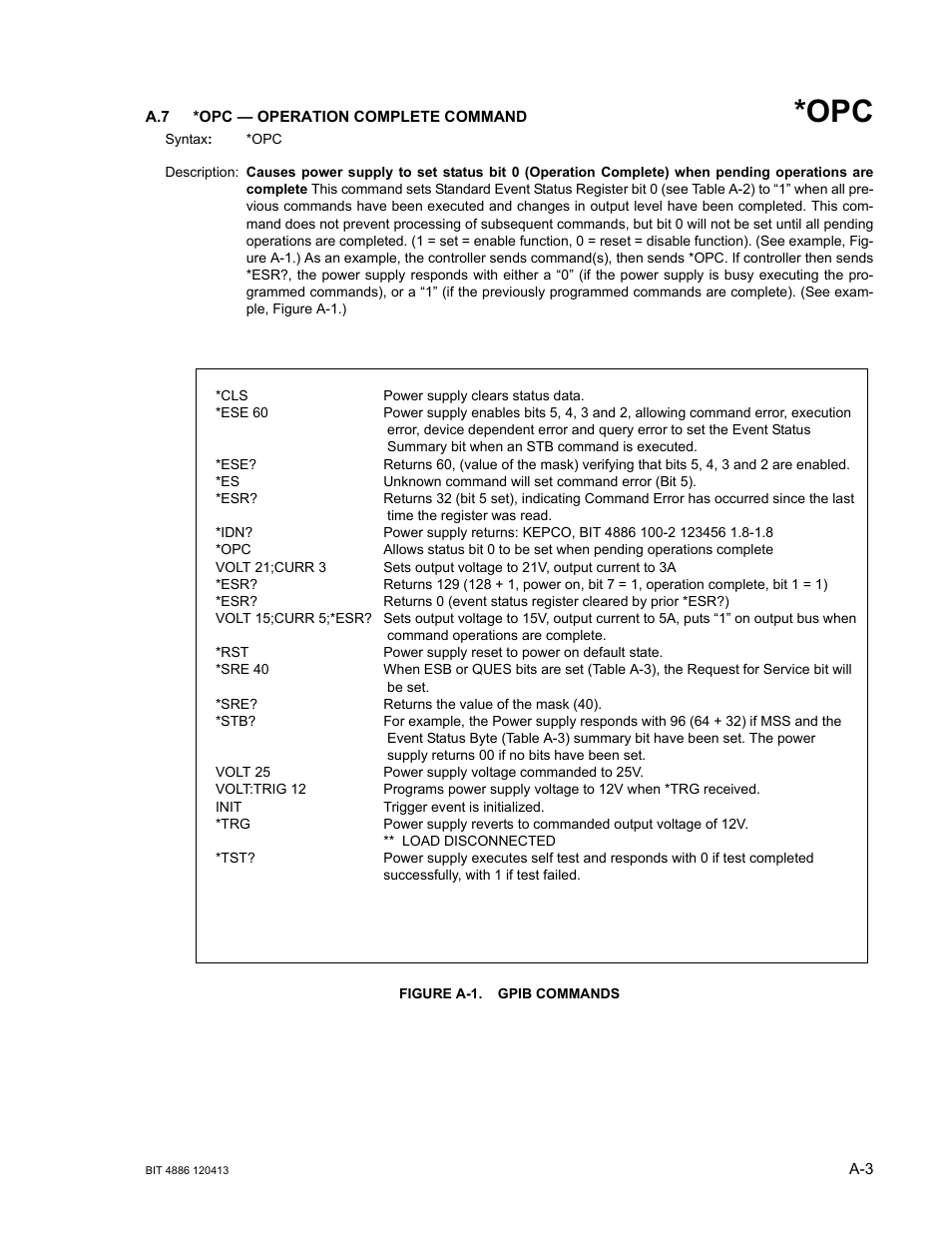 A.7 *opc — operation complete command, Figure a-1. gpib commands, Gure a-1.) | A-1.), Figure a-1.), Re a-1 | KEPCO BIT 4886 Operator Manual User Manual | Page 65 / 92