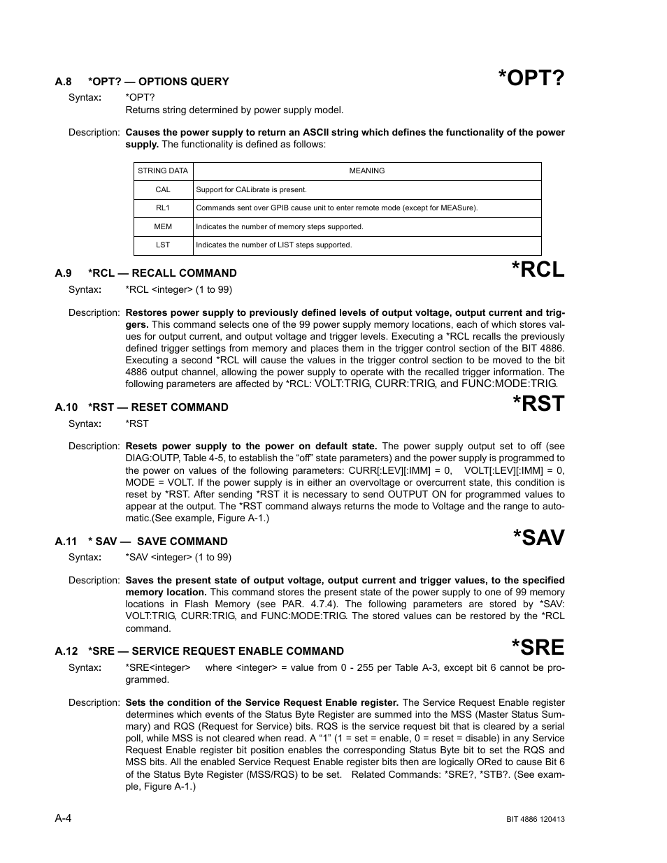 A.8 *opt? — options query, A.9 *rcl — recall command, A.10 *rst — reset command | A.11 * sav — save command, A.12 *sre — service request enable command, A.10, A.11, A.12 | KEPCO BIT 4886 Operator Manual User Manual | Page 66 / 92