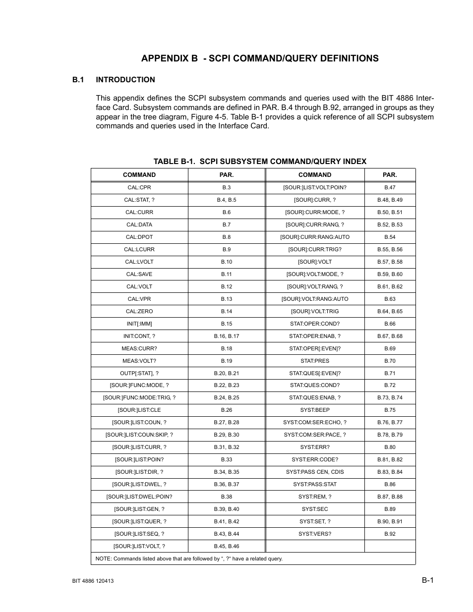 Appendix b - scpi command/query definitions, B.1 introduction, Table b-1. scpi subsystem command/query index | KEPCO BIT 4886 Operator Manual User Manual | Page 69 / 92