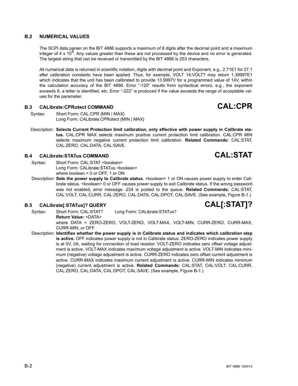 B.2 numerical values, B.3 calibrate:cprotect command, B.4 calibrate:status command | B.5 calibrate[:status]? query, Cali, R. b.4, B.4, b.5, Cal:cpr, Cal:stat, Cal[:stat | KEPCO BIT 4886 Operator Manual User Manual | Page 70 / 92