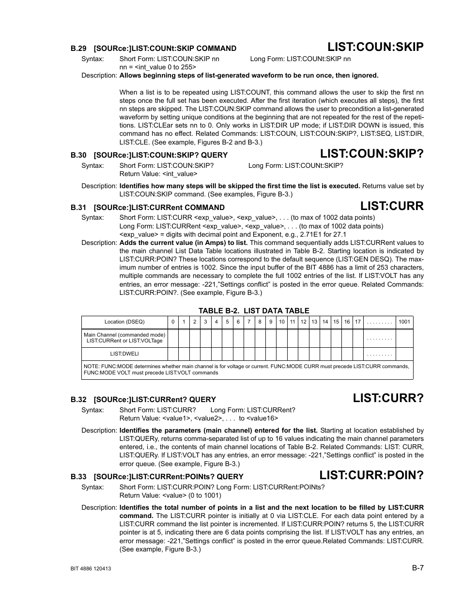 B.29 [source:]list:count:skip command, B.30 [source:]list:count:skip? query, B.31 [source:]list:current command | Table b-2. list data table, B.32 [source:]list:current? query, B.33 [source:]list:current:points? query, B.29, Sourc, B.30, B.31 | KEPCO BIT 4886 Operator Manual User Manual | Page 75 / 92