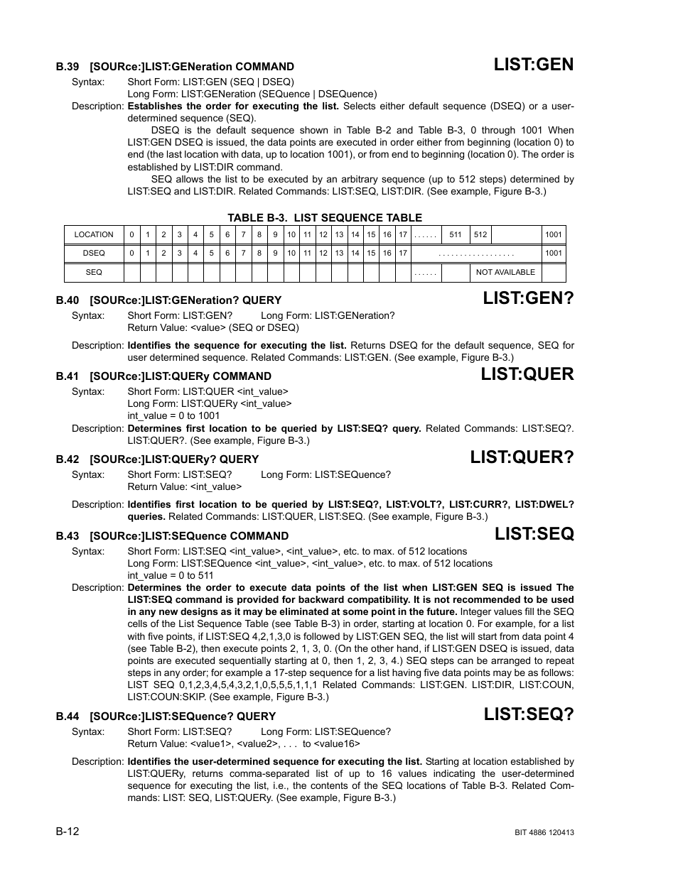 B.39 [source:]list:generation command, Table b-3. list sequence table, B.40 [source:]list:generation? query | B.41 [source:]list:query command, B.42 [source:]list:query? query, B.43 [source:]list:sequence command, B.44 [source:]list:sequence? query, B.39, Sourc, B.40 | KEPCO BIT 4886 Operator Manual User Manual | Page 80 / 92