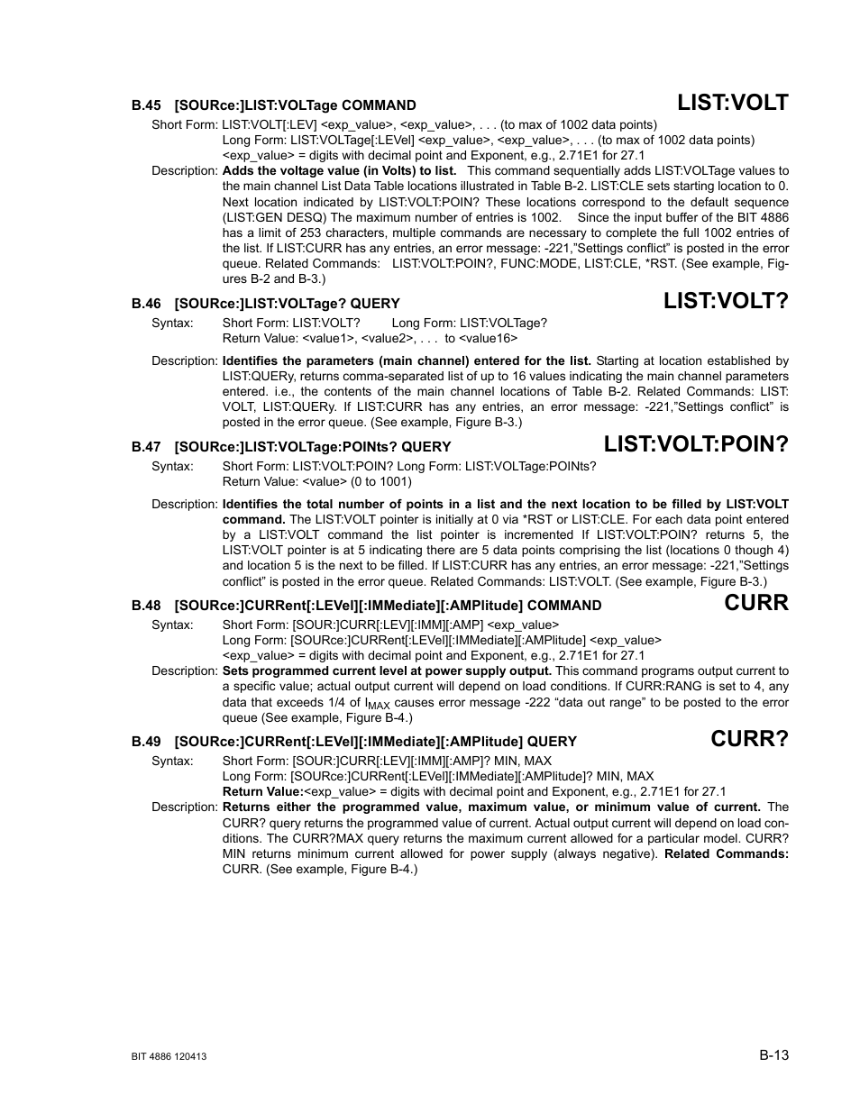 B.45 [source:]list:voltage command, B.46 [source:]list:voltage? query, B.47 [source:]list:voltage:points? query | B.45, Sourc, B.46, B.47, B.48, B.49, Ar. b.45) or | KEPCO BIT 4886 Operator Manual User Manual | Page 81 / 92