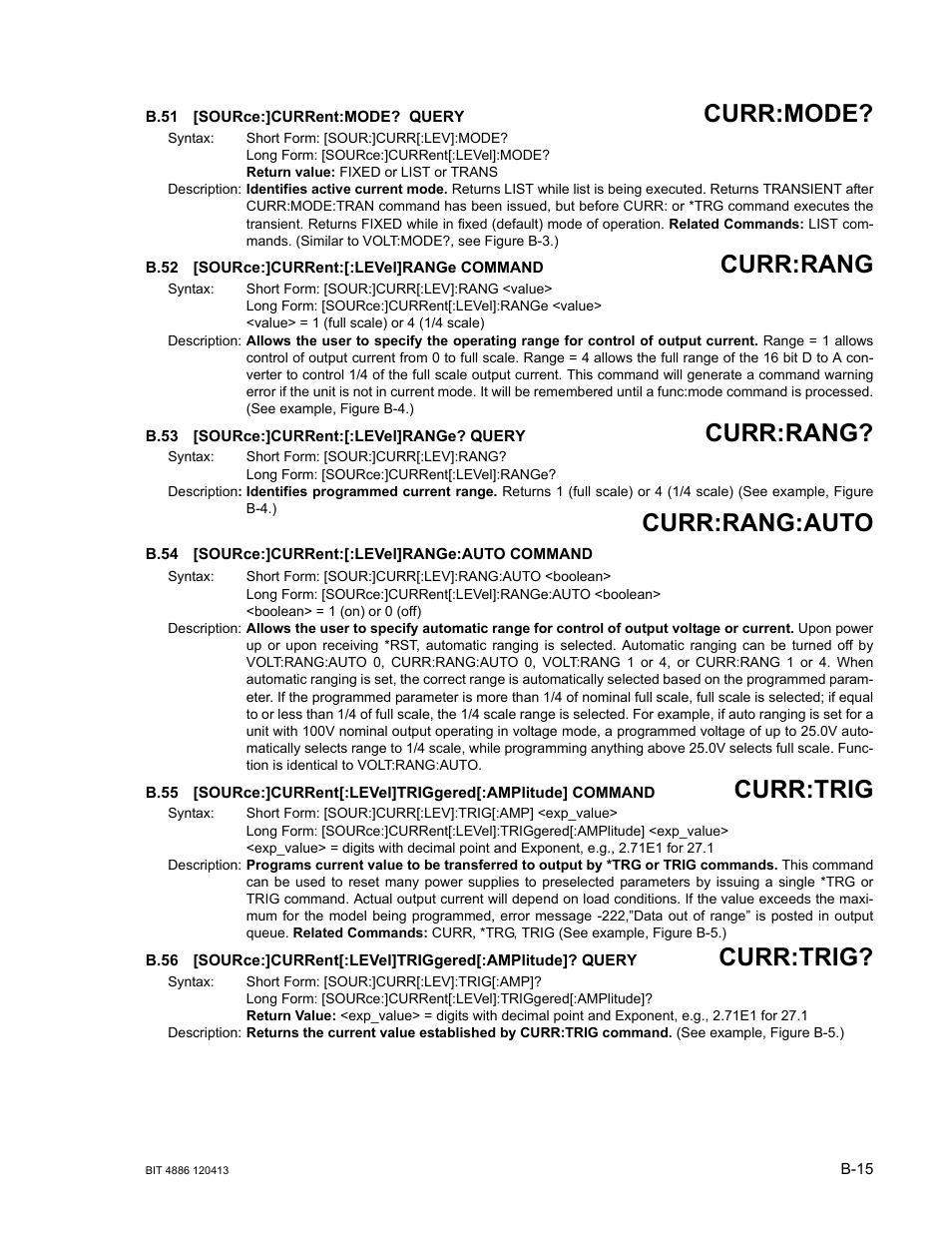 B.51 [source:]current:mode? query, B.52 [source:]current:[:level]range command, B.53 [source:]current:[:level]range? query | B.54 [source:]current:[:level]range:auto command, B.51, Sourc, B.52, B.53, B.54, B.55 | KEPCO BIT 4886 Operator Manual User Manual | Page 83 / 92