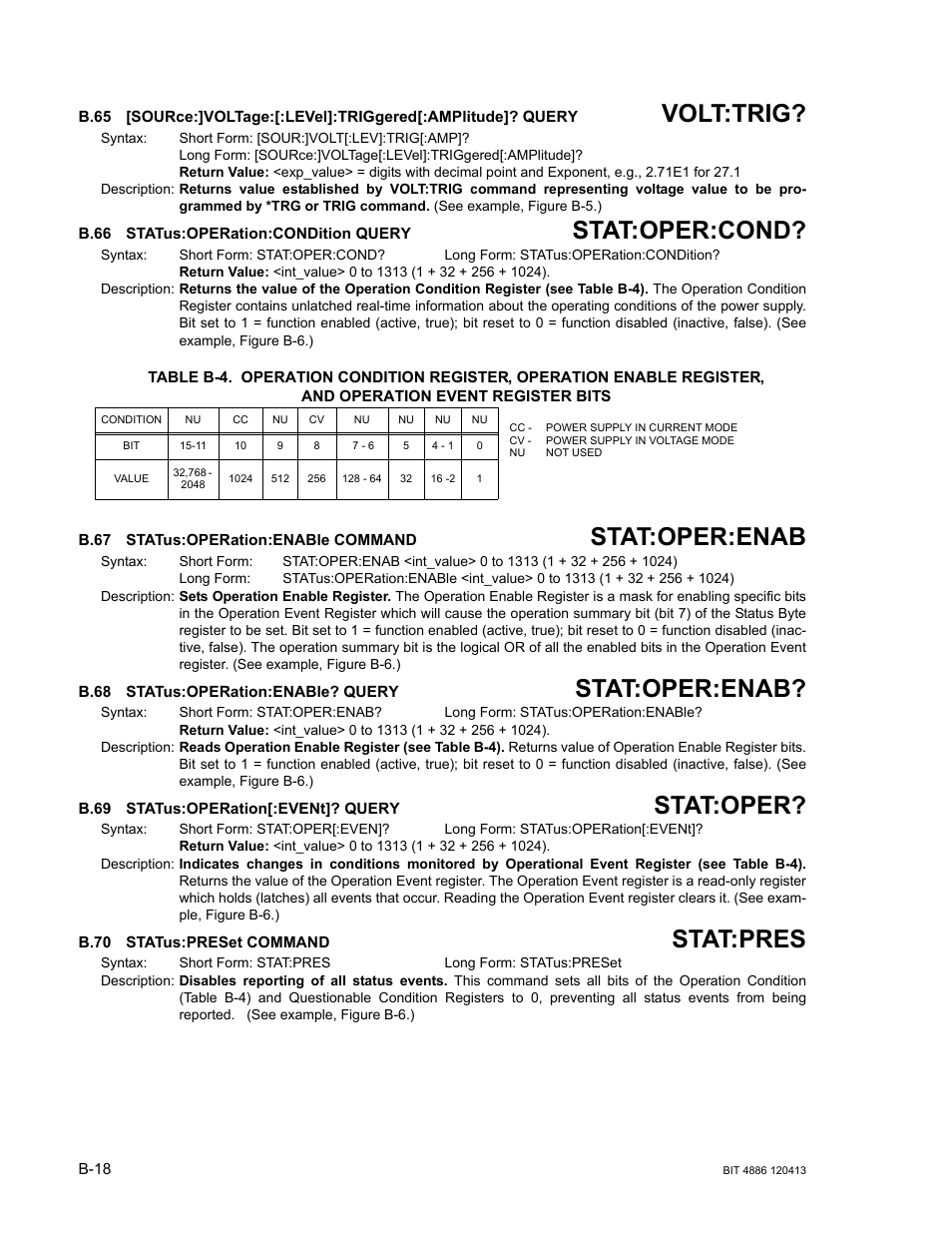 B.66 status:operation:condition query, B.67 status:operation:enable command, B.68 status:operation:enable? query | B.69 status:operation[:event]? query, B.70 status:preset command, B.65, Source, B.66, Statu, B.67 | KEPCO BIT 4886 Operator Manual User Manual | Page 86 / 92