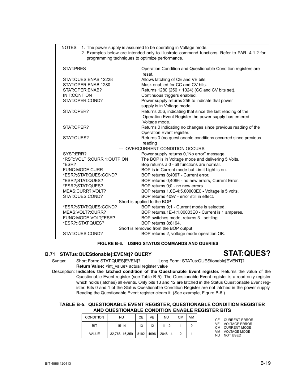 Figure b-6. using status commands and queries, B.71 status:questionable[:event]? query, B.71 | Statu, Stat:ques | KEPCO BIT 4886 Operator Manual User Manual | Page 87 / 92