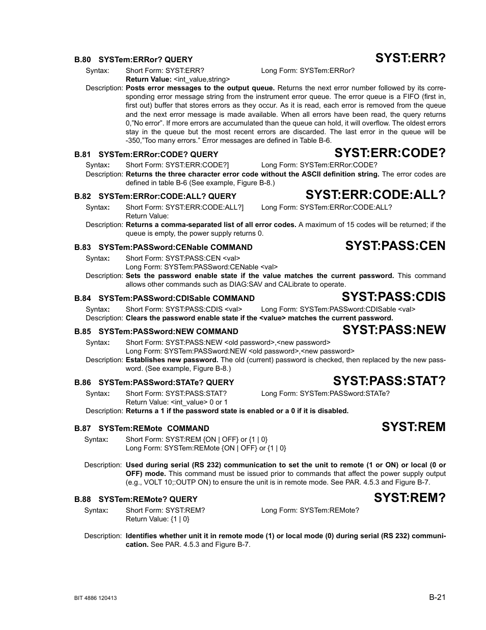 B.80 system:error? query, B.81 system:error:code? query, B.82 system:error:code:all? query | B.83 system:password:cenable command, B.84 system:password:cdisable command, B.85 system:password:new command, B.86 system:password:state? query, B.87 system:remote command, B.88 system:remote? query, B.80 | KEPCO BIT 4886 Operator Manual User Manual | Page 89 / 92