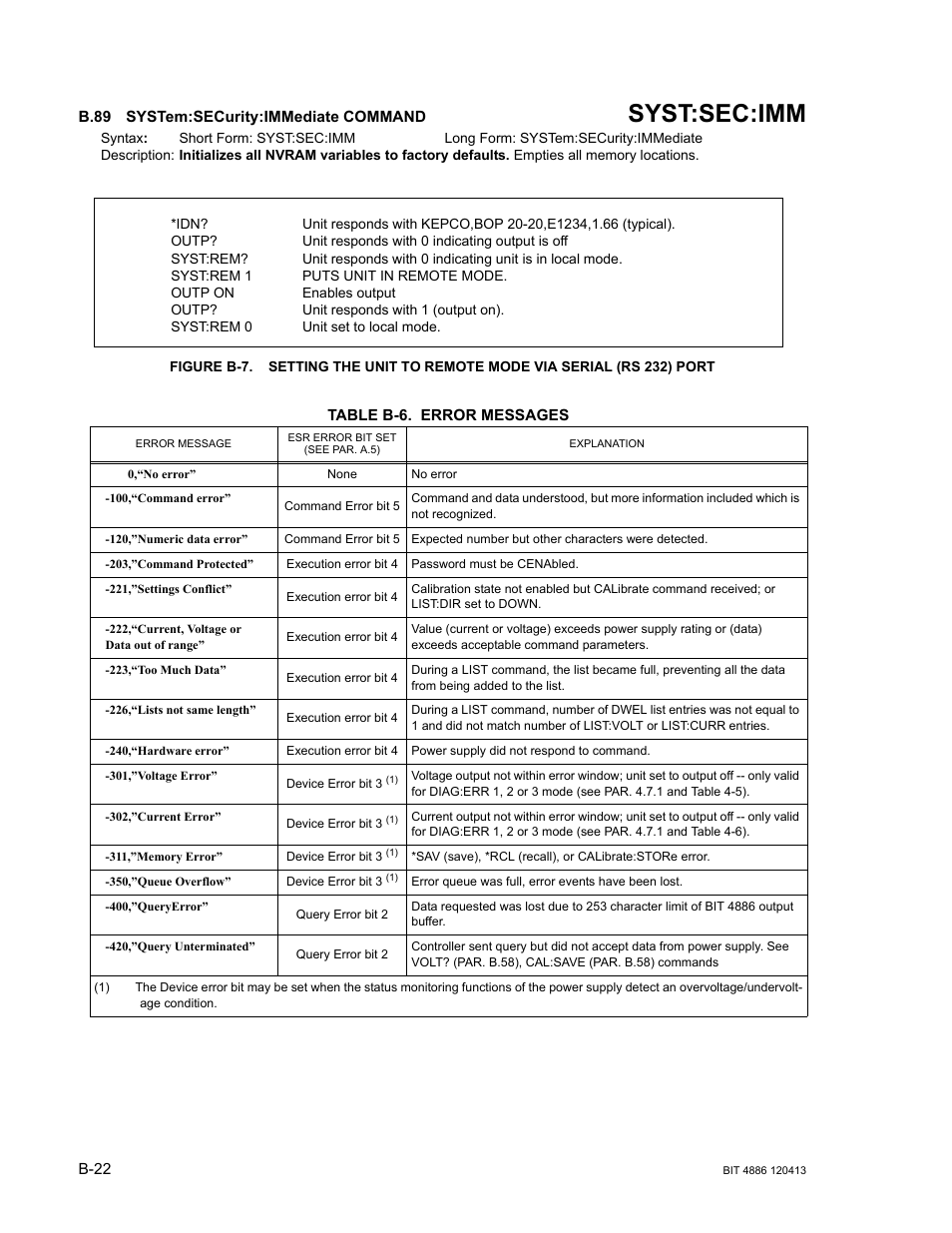 B.89 system:security:immediate command, Table b-6. error messages, B.89 | System:security:im, Ar. b.89) rest, Syst:sec:imm | KEPCO BIT 4886 Operator Manual User Manual | Page 90 / 92