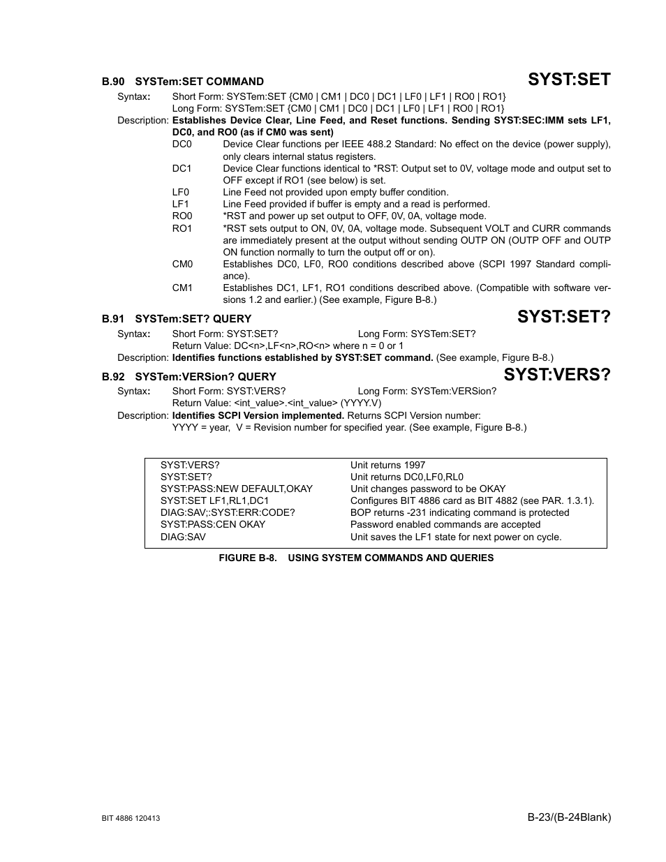 B.90 system:set command, B.91 system:set? query, B.92 system:version? query | Figure b-8. using system commands and queries, B.90, System:set comm, B.91, System:set, B.92, System:versi | KEPCO BIT 4886 Operator Manual User Manual | Page 91 / 92